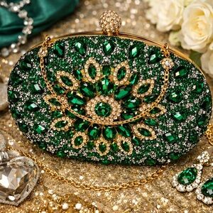 Emerald Green Rhinestone Crystal Evening Clutch | Prom Wedding Formal Bag